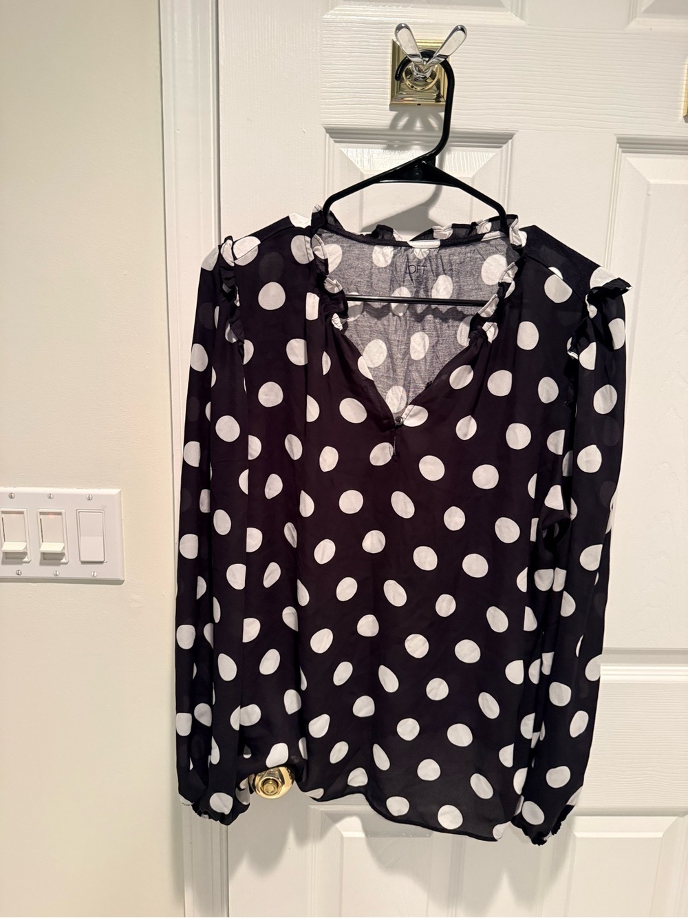 LOFT Black and White Polka Dot V-Neck Blouse